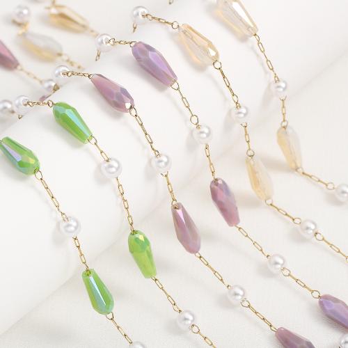 Decorative Beaded Chain 304 Stainless Steel with Glass & Plastic Pearl gold color plated DIY Sold By m