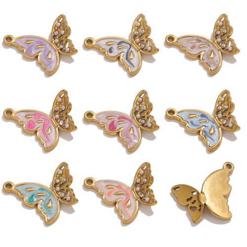 Stainless Steel Animal Pendants 304 Stainless Steel with Plastic Pearl Butterfly gold color plated DIY & enamel & with rhinestone & hollow Sold By PC