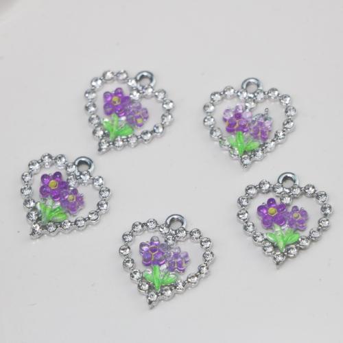 Zinc Alloy Rhinestone Pendants with Resin Heart silver color plated DIY & with rhinestone nickel lead & cadmium free Sold By PC