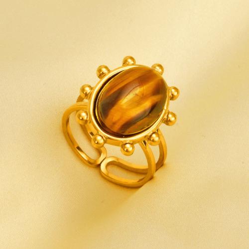 Natural Gemstone Finger Ring 304 Stainless Steel with Gemstone gold color plated Adjustable & for woman Sold By PC