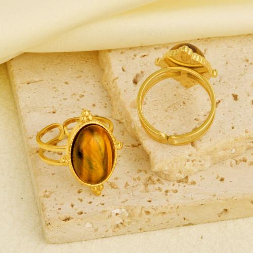 Natural Gemstone Finger Ring 304 Stainless Steel with Gemstone gold color plated Adjustable & for woman Sold By PC