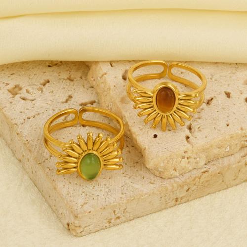 Natural Gemstone Finger Ring 304 Stainless Steel with Gemstone gold color plated Adjustable & for woman Sold By PC