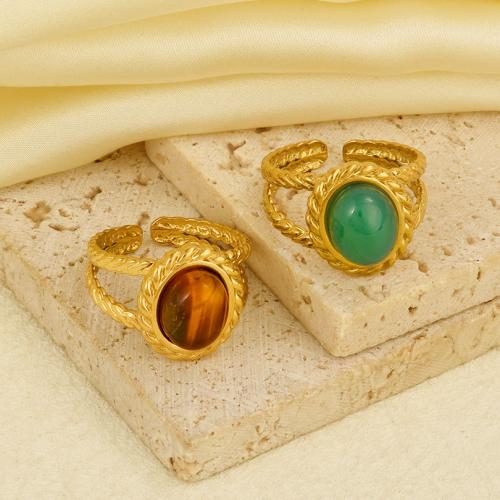 Natural Gemstone Finger Ring 304 Stainless Steel with Gemstone gold color plated Adjustable & for woman Sold By PC