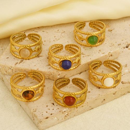 Natural Gemstone Finger Ring 304 Stainless Steel with Gemstone gold color plated Adjustable & for woman Sold By PC