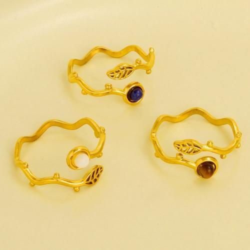 Natural Gemstone Finger Ring 304 Stainless Steel with Gemstone gold color plated Adjustable & for woman Sold By PC