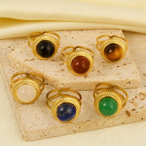 Natural Gemstone Finger Ring 304 Stainless Steel with Gemstone gold color plated Adjustable & for woman Sold By PC