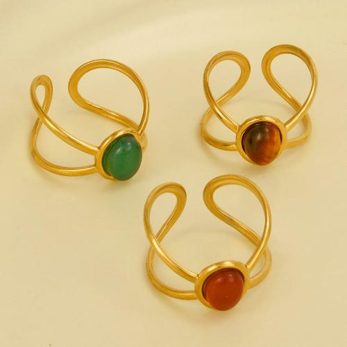 Gemstone Finger Ring, Aço inoxidável 304, with misto de pedras semi-preciosas, cromado de cor dourada, para mulher, Mais cores pare escolha, vendido por PC