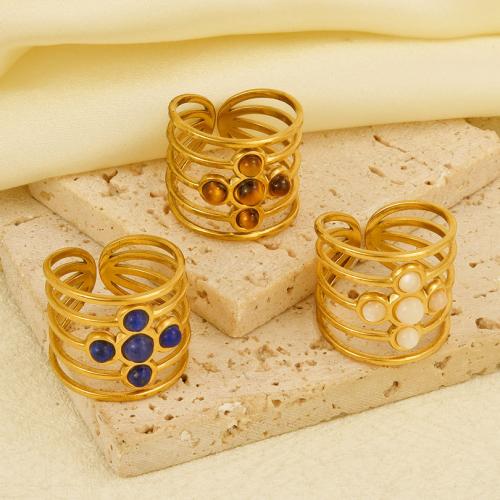 Gemstone Finger Ring, Aço inoxidável 304, with misto de pedras semi-preciosas, cromado de cor dourada, para mulher, Mais cores pare escolha, vendido por PC