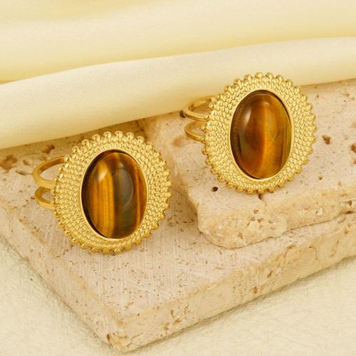 Natural Gemstone Finger Ring 304 Stainless Steel with Gemstone gold color plated Adjustable & for woman Sold By PC