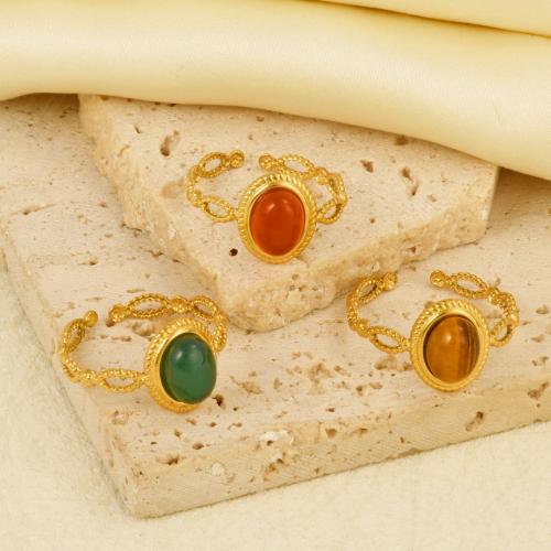 Natural Gemstone Finger Ring 304 Stainless Steel with Gemstone gold color plated Adjustable & for woman Sold By PC