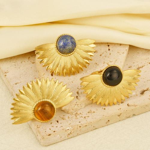 Natural Gemstone Finger Ring 304 Stainless Steel with Gemstone gold color plated Adjustable & for woman Sold By PC