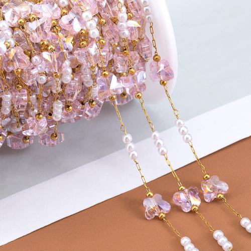 Decorative Beaded Chain 304 Stainless Steel with Plastic Pearl & ABS Plastic Butterfly plated DIY multi-colored Sold By m