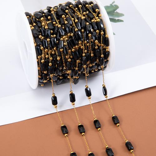 Decorative Beaded Chain 304 Stainless Steel with Glass gold color plated DIY black Sold By Bag