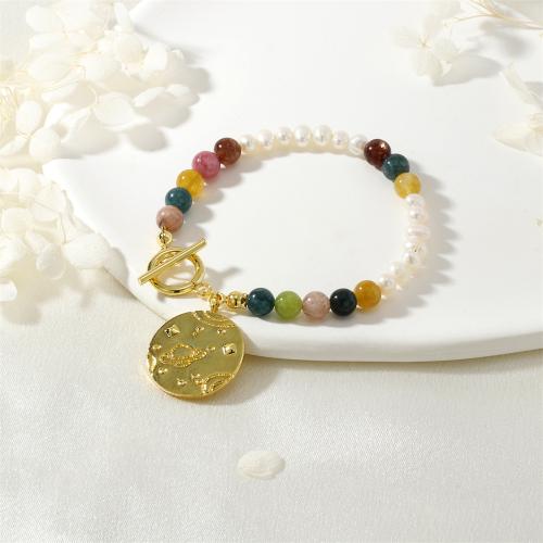 Gemstone Armbånd, Messing, med gemstone Chips & Ferskvandsperle, guldfarve belagt, for kvinde, blandede farver, nikkel, bly & cadmium fri, Solgt af PC