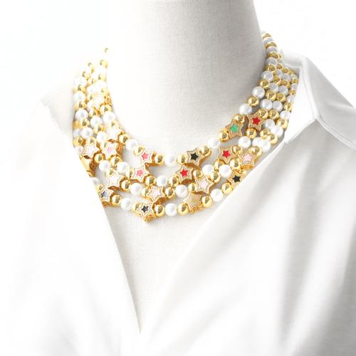 Collier en laiton cubique Zircon Micro Pave, avec perle de plastique, avec 5cm chaînes de rallonge, Placage de couleur d'or, bijoux de mode & pavé de micro zircon, plus de couleurs à choisir, protéger l'environnement, sans nickel, plomb et cadmium, Longueur 50 cm, Vendu par PC