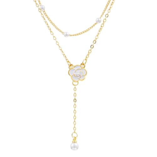 Zinc Alloy Jewelry Necklace with Plastic Pearl plated Double Layer & for woman & enamel golden Sold By PC