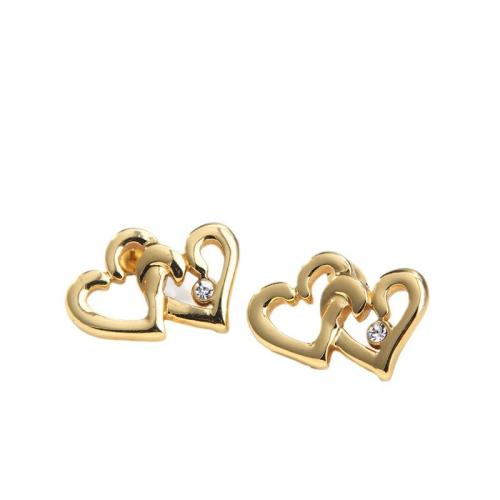 Stainless Steel Stud Øreringe, 304 rustfrit stål, Heart, 18K forgyldt, for kvinde & med rhinestone & hule, 25x19mm, Solgt af PC