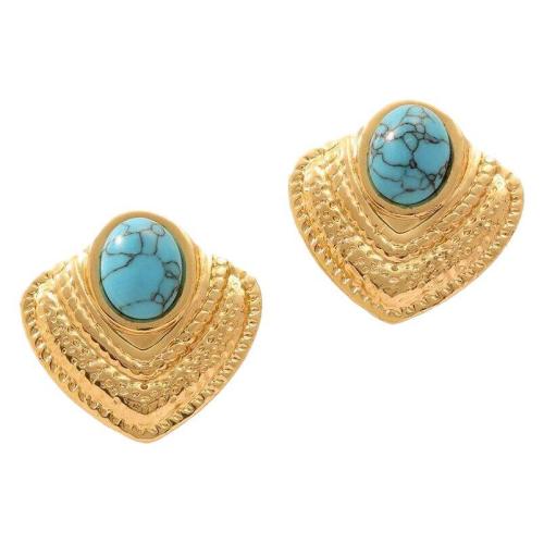 Roestvrij staal Stud Earrings, 304 roestvrij staal, met Synthetische Turquoise, plated, mode sieraden & voor vrouw, gouden, 23x23mm, Verkocht door PC