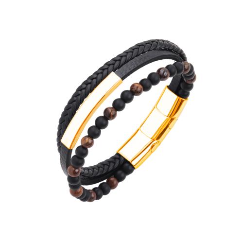 Tiger Eye Bracelet with PU Leather & Black Stone & 304 Stainless Steel handmade multilayer & Unisex Length Approx 7-9 Inch Sold By PC