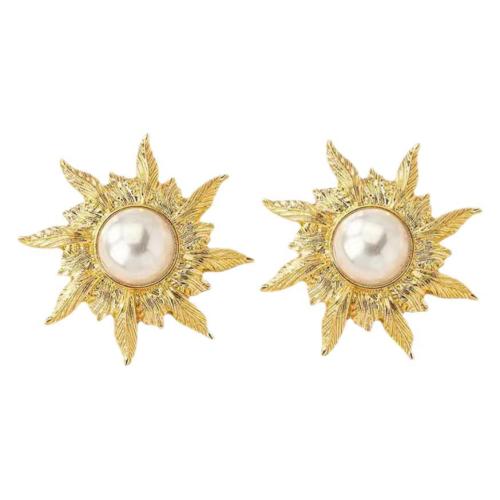 Boucle d'oreille de gaujon en acier inoxydable, Acier inoxydable 304, avec perle de plastique, fleur, Plaqué or 18K, bijoux de mode & pour femme, Vendu par paire