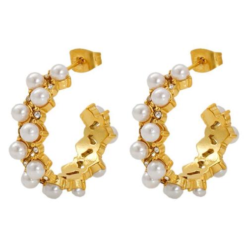 Pendientes de Acero Inoxidable, acero inoxidable 304, con Perlas plásticas, 18K chapado en oro, Joyería & para mujer & con diamantes de imitación, Vendido por Par