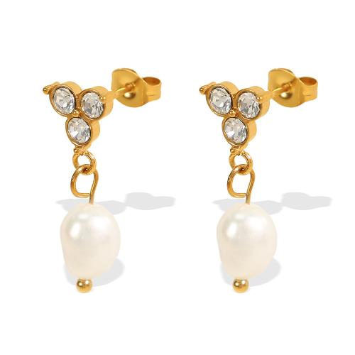 Freshwater Pearl Earrings 304 Stainless Steel with Freshwater Pearl plated fashion jewelry & for woman & with rhinestone Sold By Pair