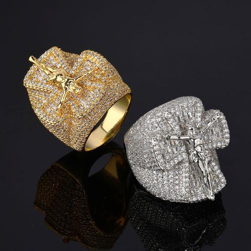 Brass Finger Ring Cross plated & micro pave cubic zirconia & for man US Ring Sold By PC