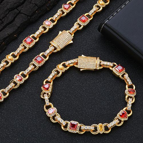 Brass Bracelet and Necklace plated & micro pave cubic zirconia & for man Sold By PC