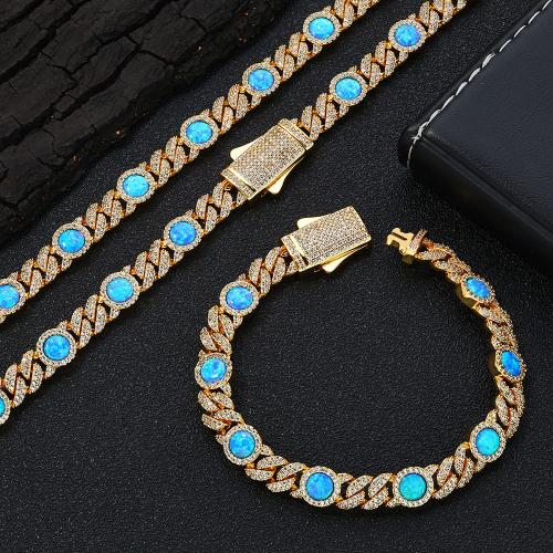 Brass Bracelet and Necklace with Opal plated & micro pave cubic zirconia & for man Sold By PC