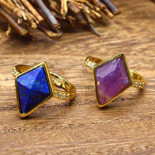 Gemstone fingerring, Zinc Alloy, med Natursten, guldfarve belagt, forskellige materialer til valg & for kvinde & med rhinestone, flere farver til valg, nikkel, bly & cadmium fri, Solgt af PC