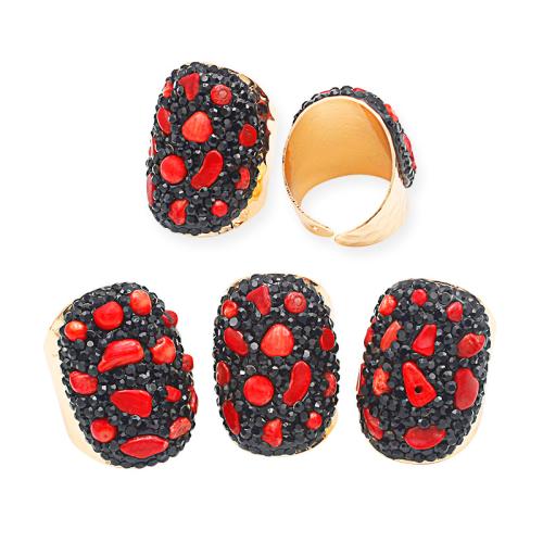 Sárgaréz Mandzsetta Finger Ring, -val Szintetikus Coral, arany színű aranyozott, a nő & strasszos, fekete, nikkel, ólom és kadmium mentes, inner diameter:17~20mm, Által értékesített PC