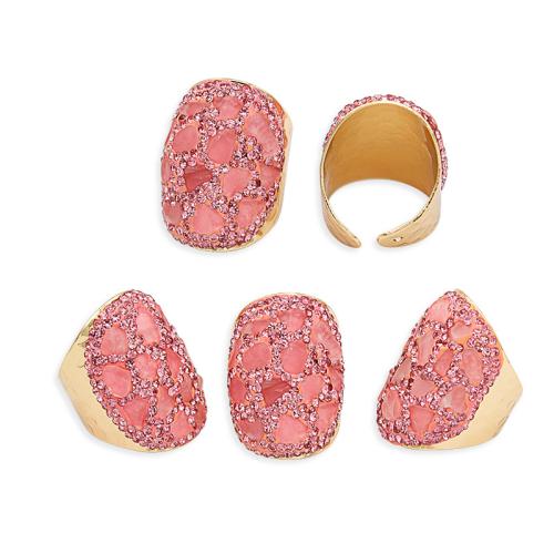 Naturlige kvarts fingerring, Messing, med Rose Quartz, guldfarve belagt, for kvinde & med rhinestone, lyserød, nikkel, bly & cadmium fri, inner diameter:17~20mm, Solgt af PC