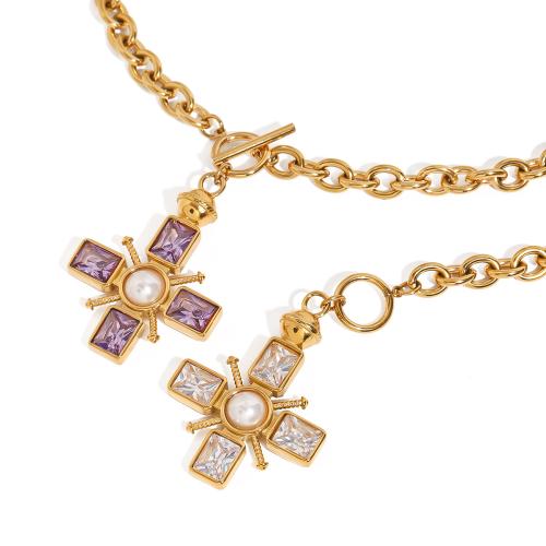 Stainless Steel Jewelry Necklace 304 Stainless Steel with Glass Rhinestone & Plastic Pearl gold color plated fashion jewelry & for woman Sold By PC