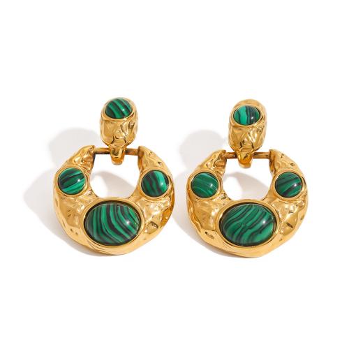 Boucles d'oreilles en pierres précieuses, Acier inoxydable 304, avec Malachite, Placage, bijoux de mode & pour femme & creux, doré, Vendu par paire