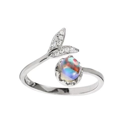 Zinc Alloy Cuff Finger Ring with Sea Opal Mermaid tail plated adjustable & for woman & with rhinestone US Ring Sold By PC