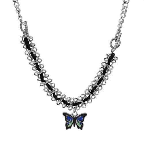 304 Stainless Steel Necklace with PU Leather & Zinc Alloy Butterfly for woman & enamel Length Approx 19.7 Inch Sold By PC