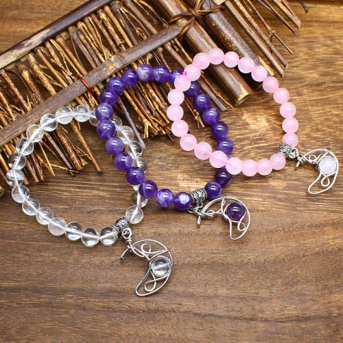 Pierre naturelle bracelet, avec alliage de zinc, lune, Placage de couleur argentée, différents matériaux pour le choix & pour femme, plus de couleurs à choisir, Longueur 18 cm, Vendu par PC