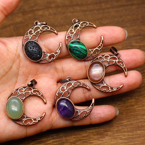 Gemstone Vedhæng Smykker, Natursten, med Zinc Alloy, Moon, forgyldt, du kan DIY & forskellige materialer til valg, flere farver til valg, 34x30mm, Solgt af PC