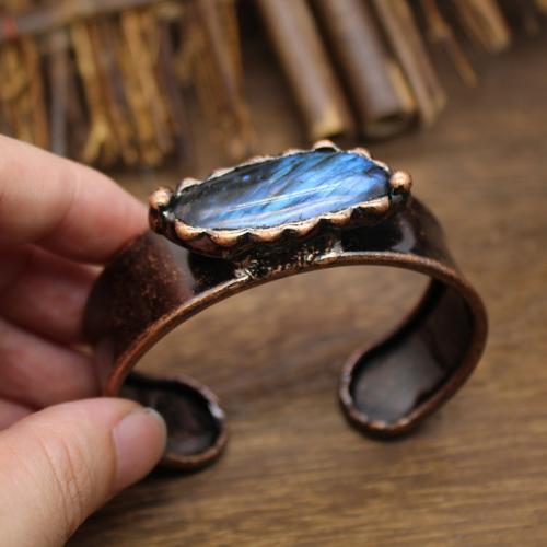 laiton bracelet manchette, avec Labradorite, Placage, pour femme, protéger l'environnement, sans nickel, plomb et cadmium, 70x20mm, Vendu par PC