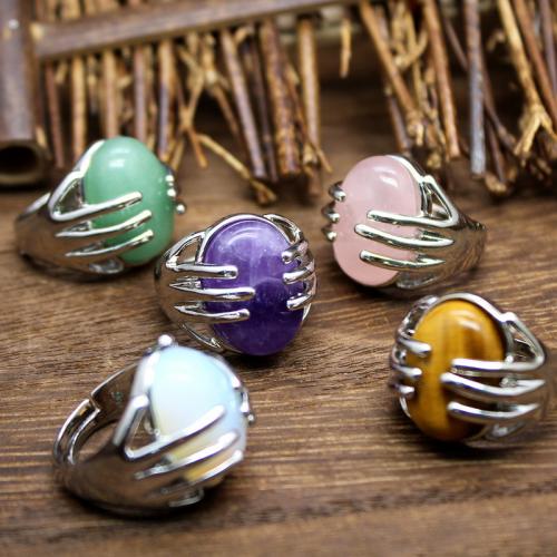 Gemstone Finger Ring, Natuursteen, met Zinc Alloy, silver plated, verschillende materialen voor de keuze & voor vrouw, meer kleuren voor de keuze, nikkel, lood en cadmium vrij, 20x22mm, Verkocht door PC