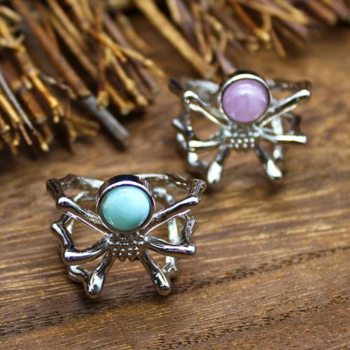 Natural Gemstone Finger Ring Zinc Alloy with Natural Stone Spider silver color plated & for woman nickel lead & cadmium free Sold By PC