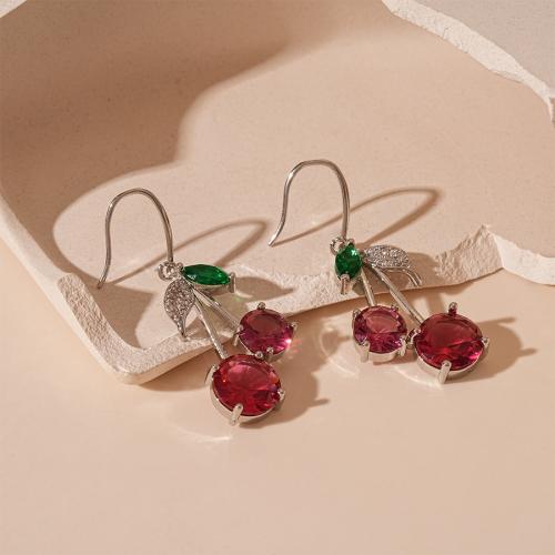 Boucles d'oreilles en laiton zircon cubique pavent, cerise, Placage de couleur argentée, bijoux de mode & pavé de micro zircon, argent, protéger l'environnement, sans nickel, plomb et cadmium, 45x45mm, Vendu par paire