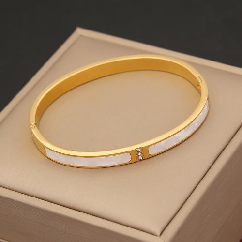 Rustfrit stål Bangle, 304 rustfrit stål, forgyldt, forskellige stilarter for valg & Micro Pave cubic zirconia & for kvinde, gylden, 60x50mm, Solgt af PC