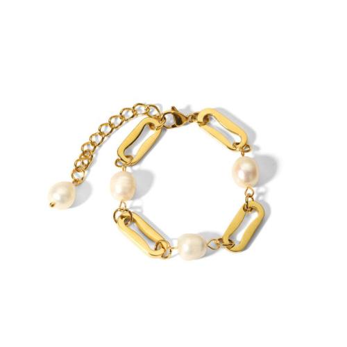 Freshwater Cultured Pearl Bracelet Titanium Steel with Freshwater Pearl 18K gold plated & for woman & hollow Sold By PC