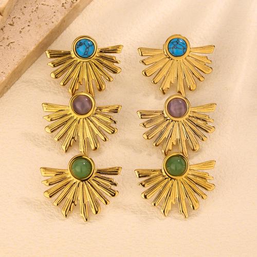 Stainless Steel Stud Earrings 304 Stainless Steel with Glass Beads Fan gold color plated fashion jewelry & for woman Sold By Pair