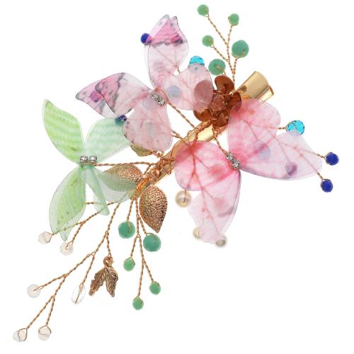 Alligator Hair Clip Zinc Alloy with brass wire & Rhinestone & Plastic Pearl & Acrylic Butterfly gold color plated fashion jewelry & for woman multi-colored Sold By PC