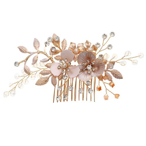 Decorative Hair Combs Zinc Alloy with brass wire & Rhinestone & Plastic Pearl & Acrylic Flower gold color plated fashion jewelry & for woman nickel lead & cadmium free Sold By PC