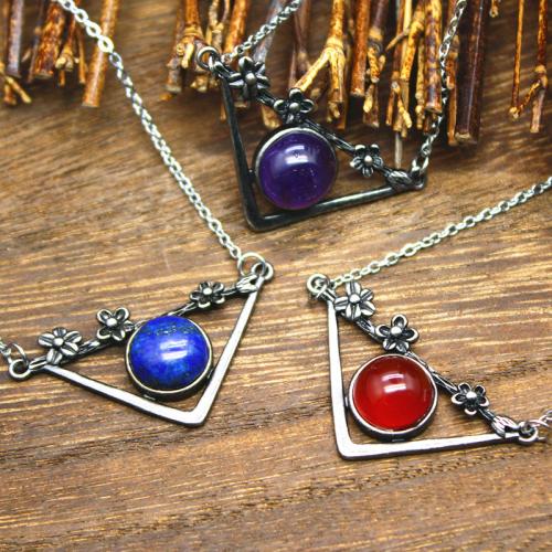 Gemstone smykker halskæde, Zinc Alloy, med Natursten, Triangle, forgyldt, forskellige materialer til valg & for kvinde, flere farver til valg, nikkel, bly & cadmium fri, 38x20x6mm, Solgt af PC