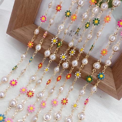 Decorative Beaded Chain Brass with Plastic Pearl Flower gold color plated DIY & enamel mixed colors nickel lead & cadmium free Sold By Bag