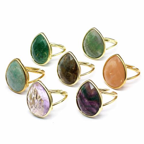 Natural Gemstone Finger Ring Brass with Natural Stone Teardrop gold color plated & for woman nickel lead & cadmium free Sold By PC